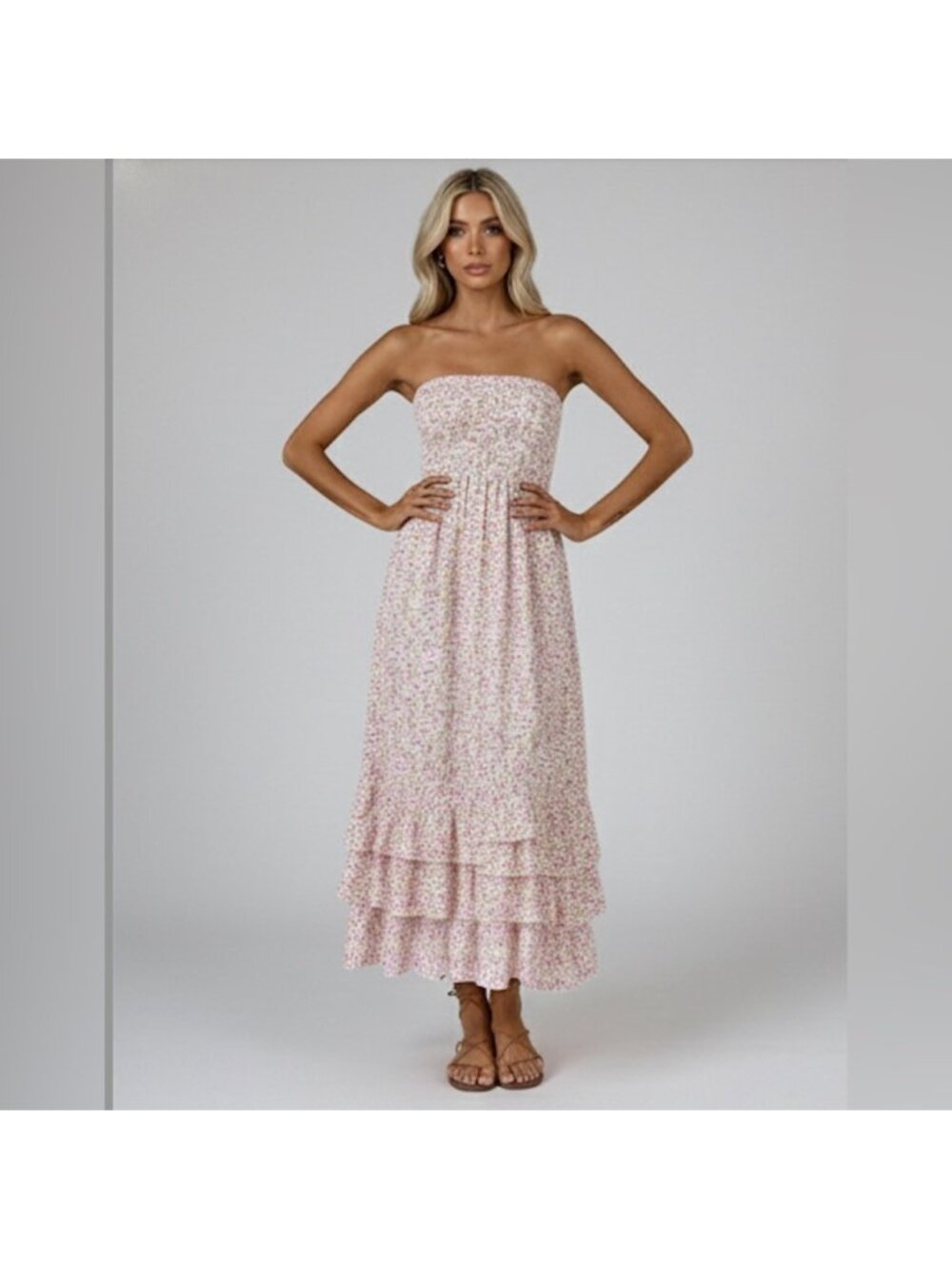 Floral Print Shirred Strapless Ruffle Hem Dress
